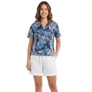 Erika Women's Short Sleeve Camp Collar Shirt Floral Palm Print Medium
